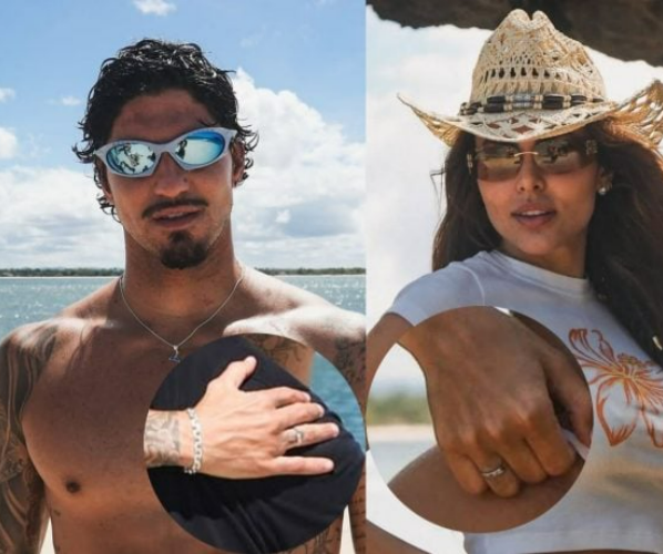 Gabriel Medina e a modelo estão usando alianças bem parecidas na mão direita.