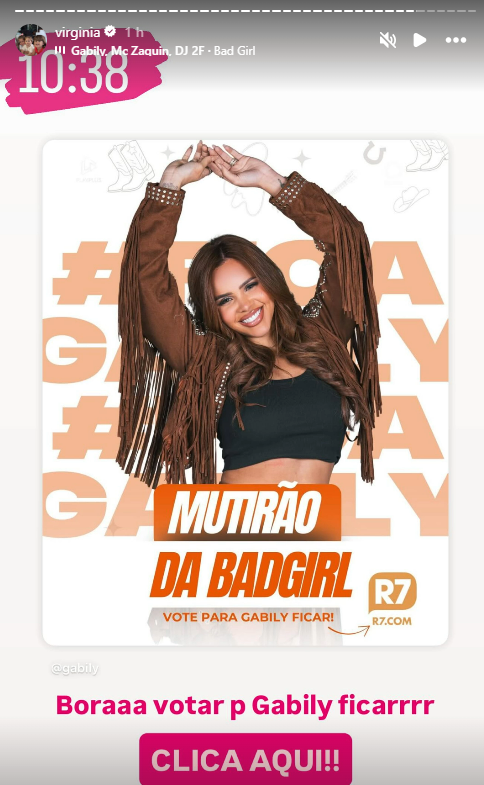Stories de Virgínia Fonseca apoiando Gabily em "A Fazenda 17"
