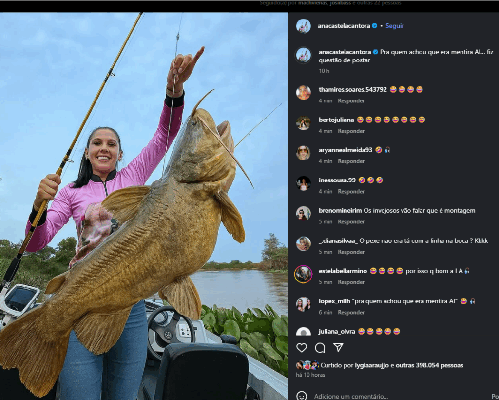 Ana Castela usa IA para dizer que pescou peixe grande no Pantanal e diverte fãs.