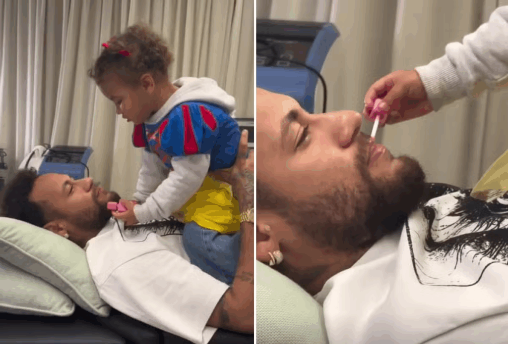 Neymar cai nas graças da filha Mavie e é surpreendido com batom.