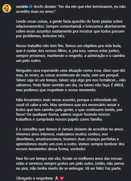 Cocielo anuncia término com Tata Estaniecki