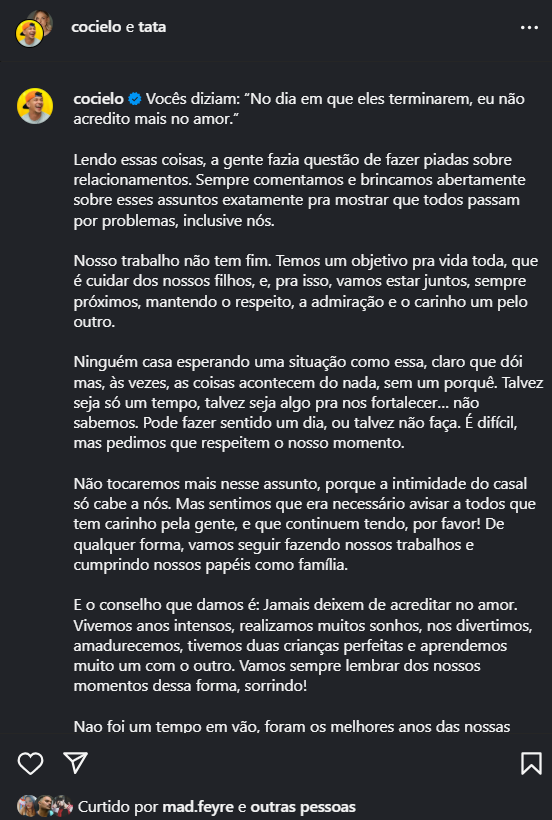 Cocielo anuncia término com Tata Estaniecki e influenciadora adiciona marcação na collab