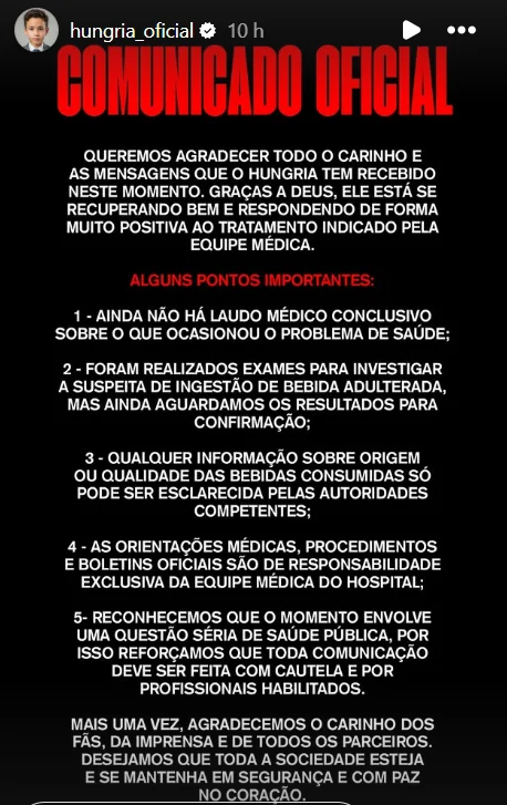 Equipe divulga novo comunicado sobre Hungria