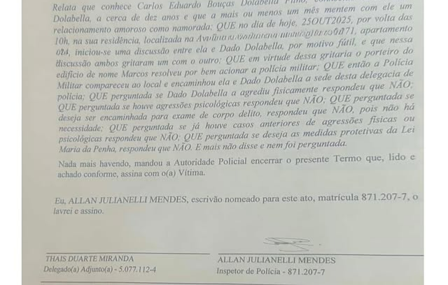 Registro de Boletim de Ocorrência contra Dado Dolabella